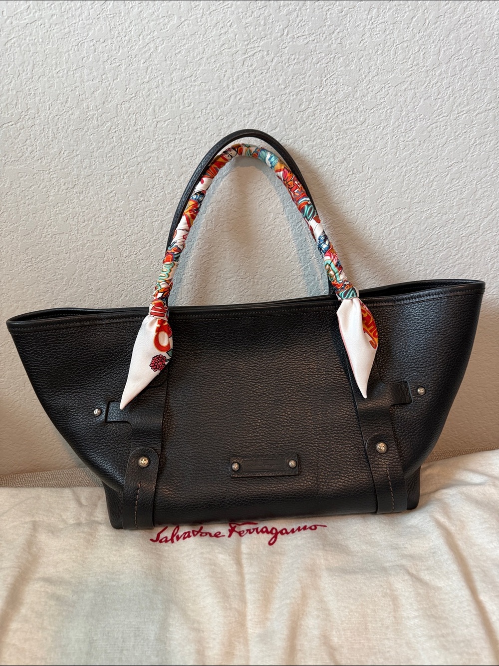 Salvatore Ferragamo Black Leather Tote with Multicolor Scarf-Wrapped Handles